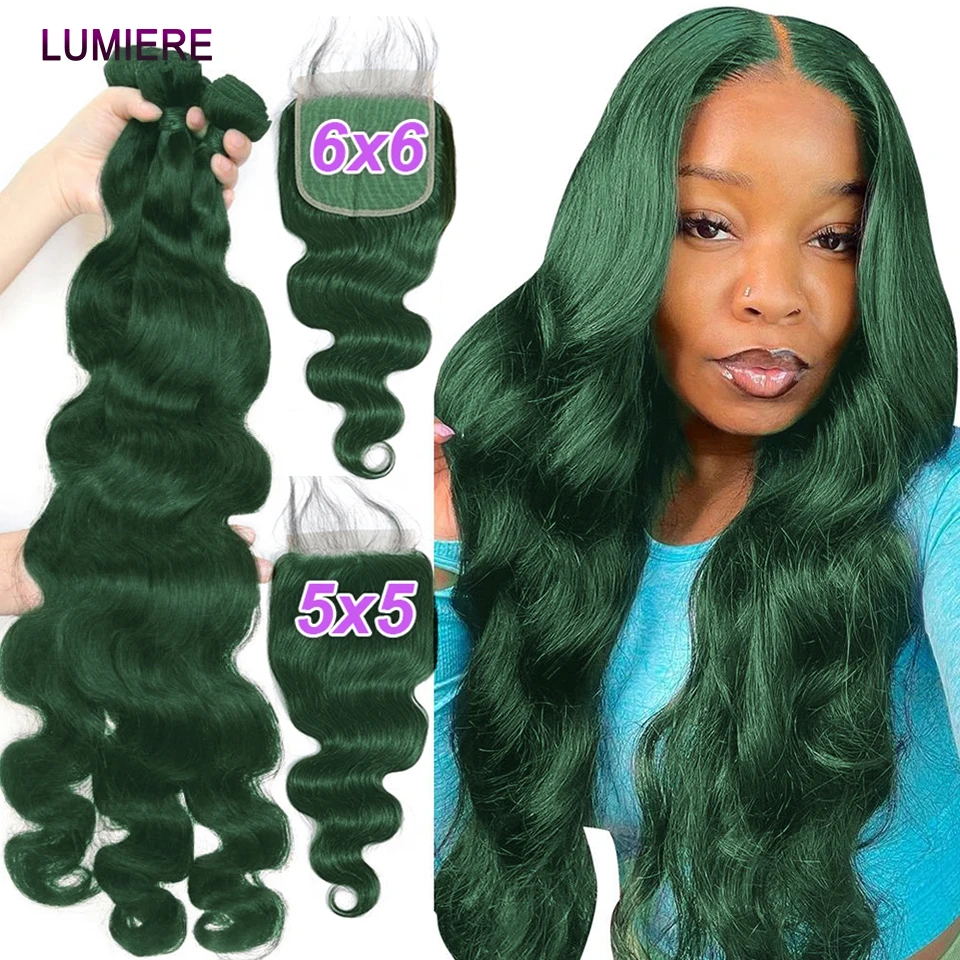 

Dark Green Colored Body Wave Human Hair Bundles With Frontal Closure 5x5 6x6 HD Lace Ombre Hair Weave 3/4 Bundles With Closure