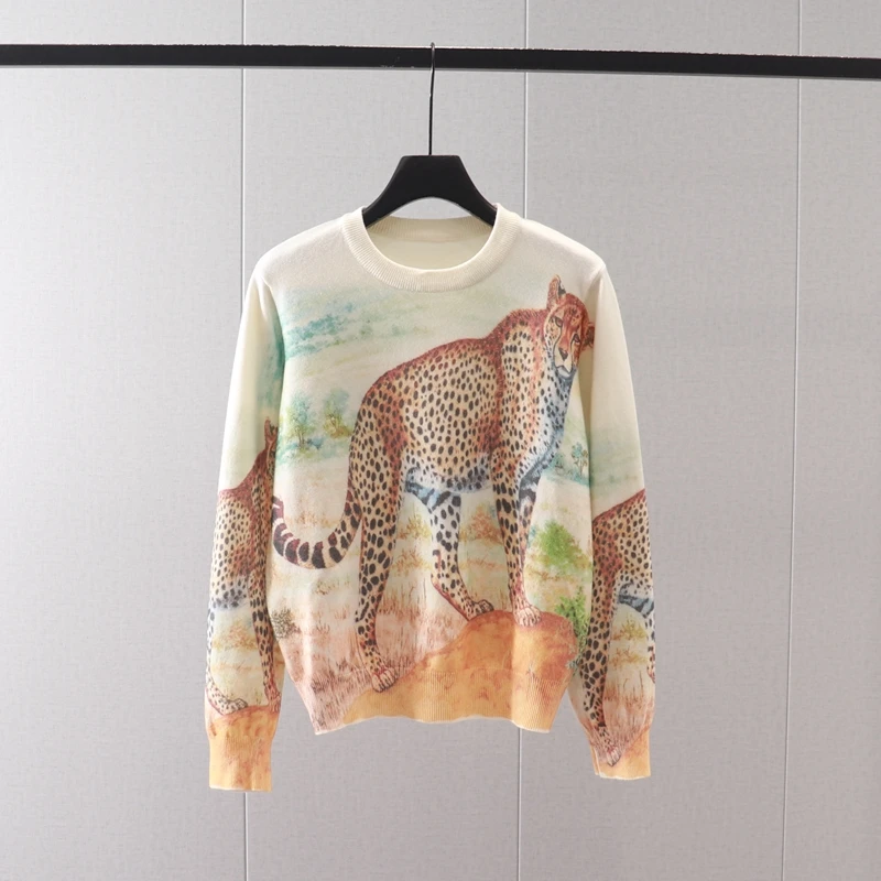 

Autumn and Winter New Tiger, Flower, and Leopard Pattern Printed Round Neck Long Sleeve Knitwear Versatile and Slim Underlay Swe