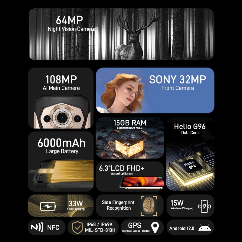 DOOGEE S99 Смартфон 8GB 128GB 108MP AI Камера Мобильный телефон 64MP Ночное видение 6000mAh 6.3