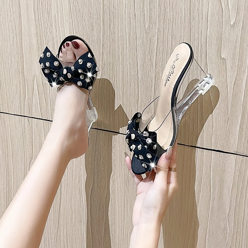 

6/8cm Transparent High Heel Bowknot Crystal Shoes Women's Sandals Zapatos De Mujer New Summer Slippers Model Clear Wedges Slides