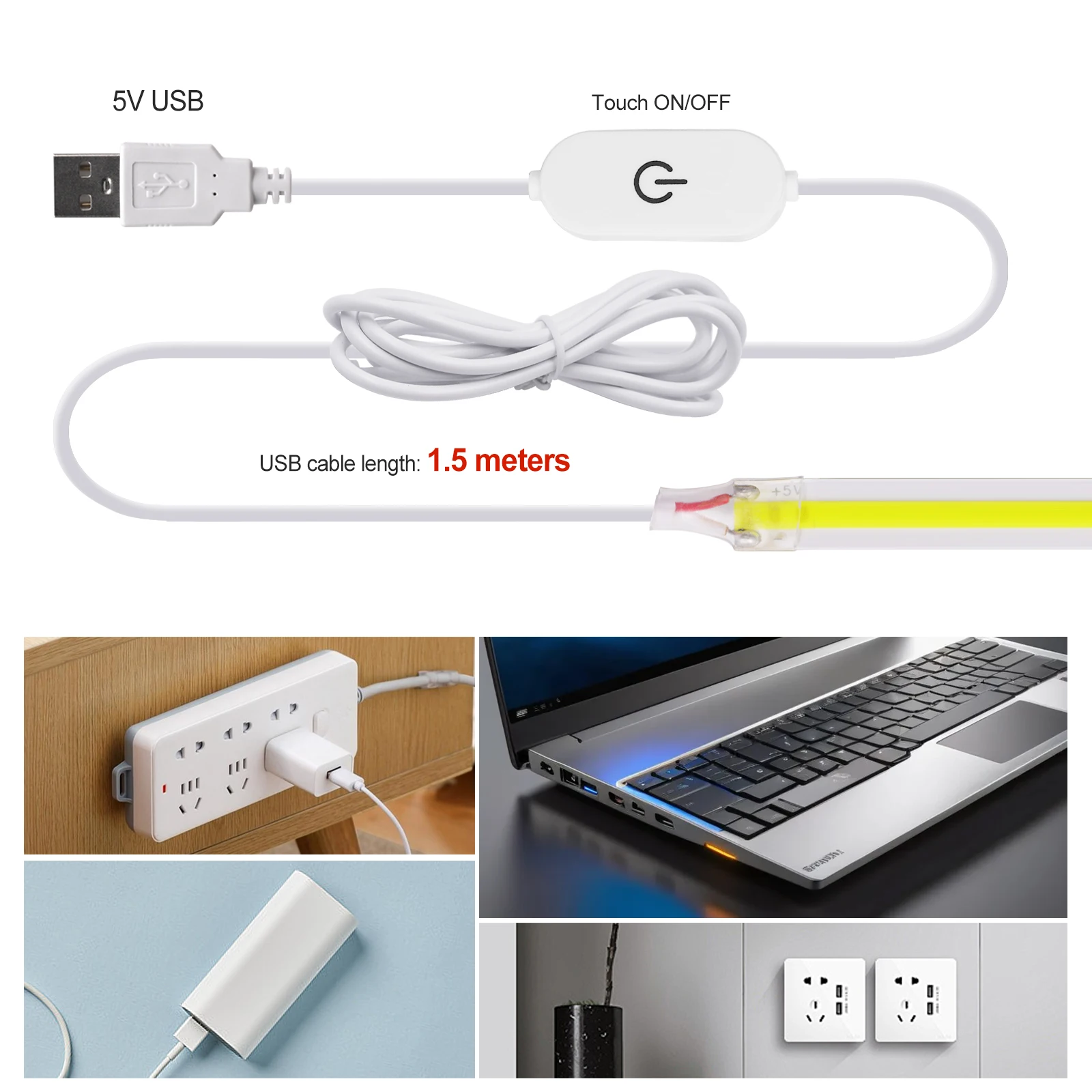 Фото Светодиодная лента COB 3 мм, 5 мм, 8 мм с сенсорным выключателем, 5В USB, гибкая лента, 320 светодиодов/м, высокая плотность, линейное освещение, подсветка для ТВ, 9 цветов №5