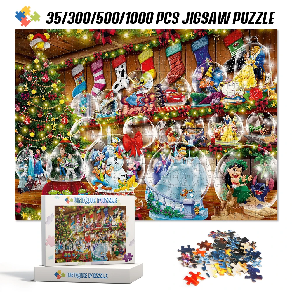 

35/300/500/1000 Pieces Disney Christmas Crystal Ball Jigsaw Puzzles Stitch Mickey Mouse Anime Educational Tangram Toys for Kids