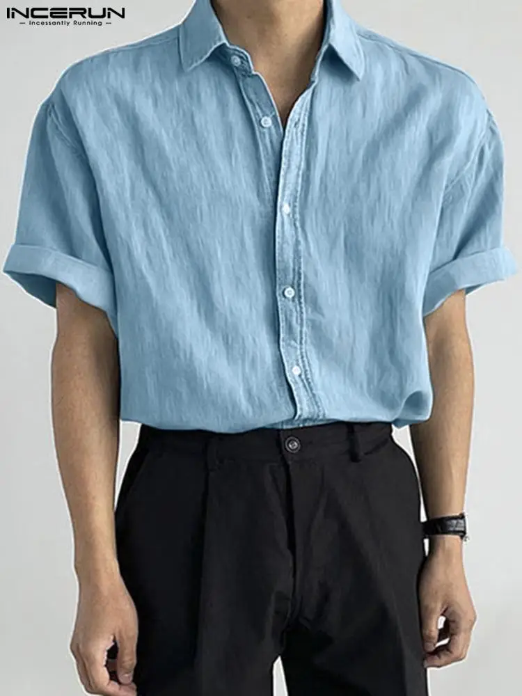 

Summer Men Shirt Solid Color Lapel Short Sleeve Button Korean Casual Men Clothing 2022 Streetwear Leisure Tops S-5XL INCERUN