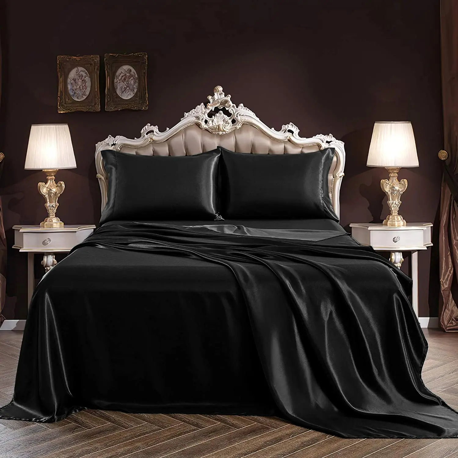 

J 4 Pce Luxury Satin Silk Soft QUEEN Bed Fitted Bed Sheet Set - RED BLACK 10