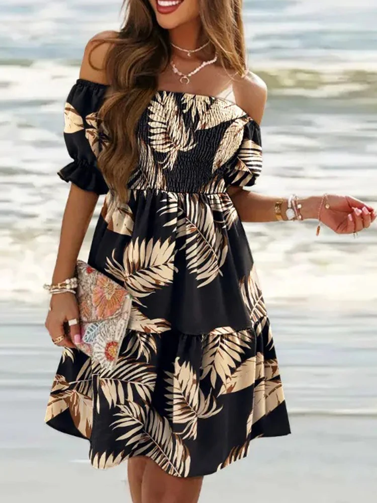 Elegant Mini Dress Lady Loose Dress Fashion Off Shoulder Short Sleeve Women Party Dress Summer Floral Print Waist A-Line Dress