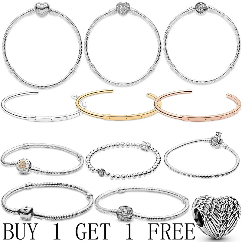 

Charms 925 Sterling Solid Silver Bracelet Heart T-Bar Cuff Chain Sparkling Blue Disc Clasp Snake Chain Bracelet Women Jewelry