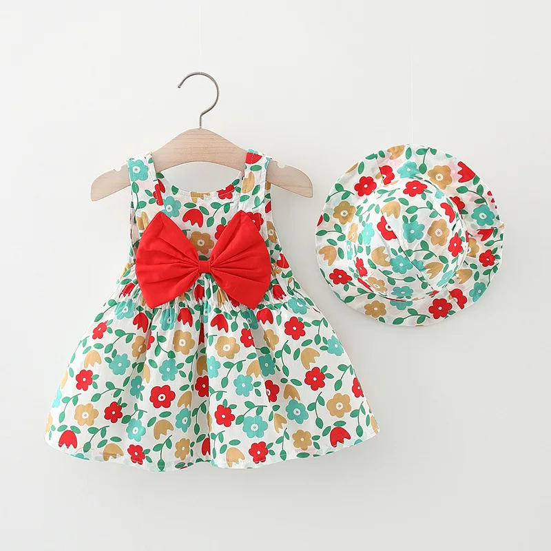 

Летнее платье для маленьких девочек, милое платье принцессы с красным бантом и цветочным принтом, с шапочкой, сарафан для новорожденных, пла...