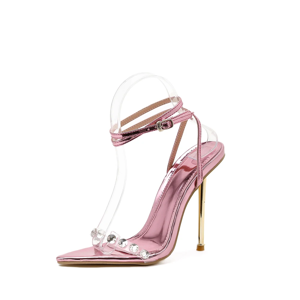 

2022 New Women's High-heeled Sandals Metal Plated Pointed Transparent Rhinestones Roman Word Buckle Stiletto Sandals