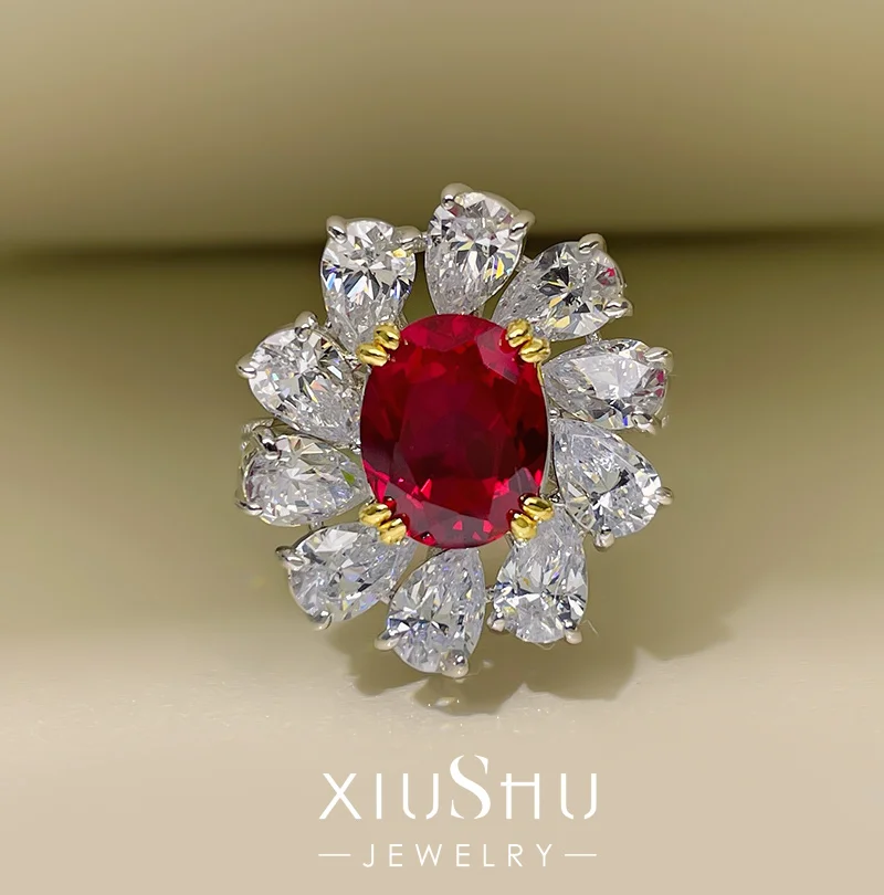 

Xiushu High Definite 3-Carat Ruby Artificial Pigeon Blood Red Ring Sterling Silver Flower High Carbon Diamond 061
