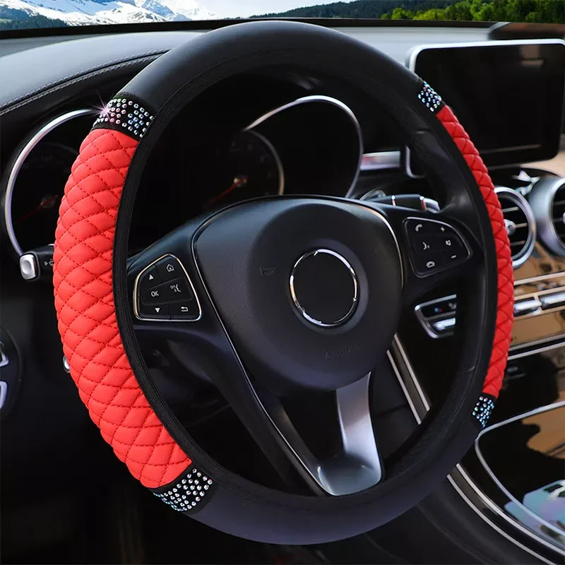 37-38cm PU Leather Bling Car Steering Wheel Cover Rhinestone Steering-Wheel Covers Auto Interior Decor Accessories