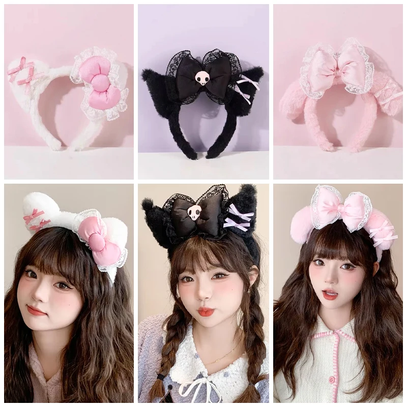 Фото Повязка на голову с розовым бантом My Melody и черной плюшевой заколкой Kuromi для костюма на Хэллоуин, аксессуар для волос Kawaii, обруч для волос для косплея №1
