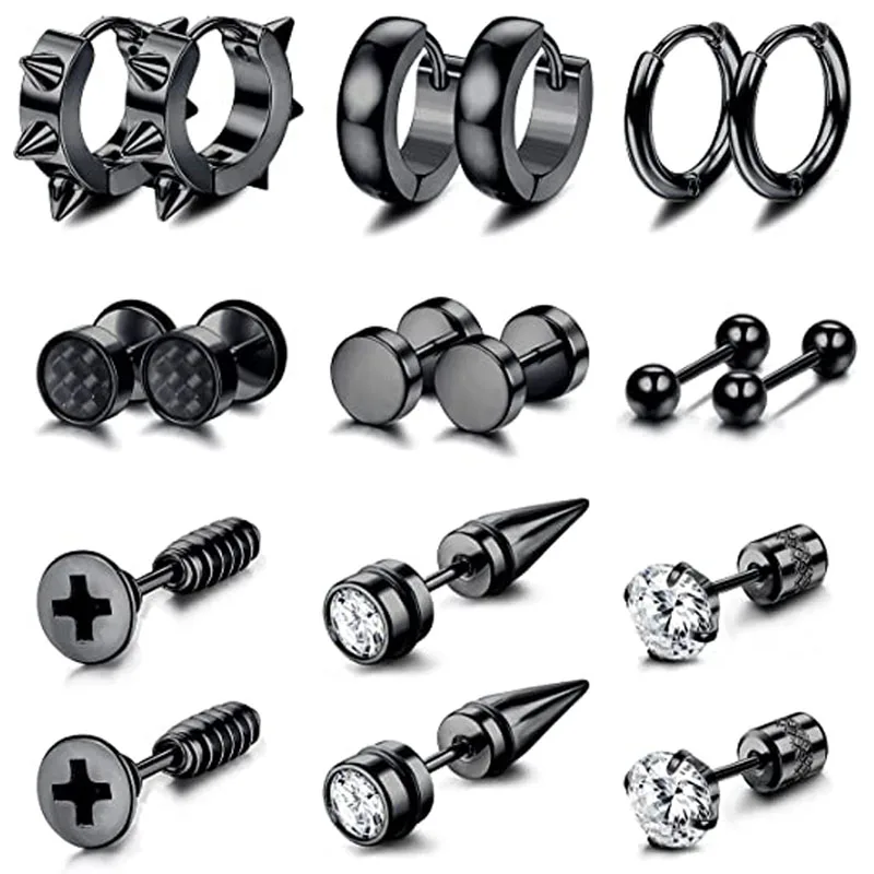 WKOUD 9 Pairs Black Stainless Steel Screw Stud Earrings For Men Women Piercing Small Huggie Hoop Earrings Set For Unisex