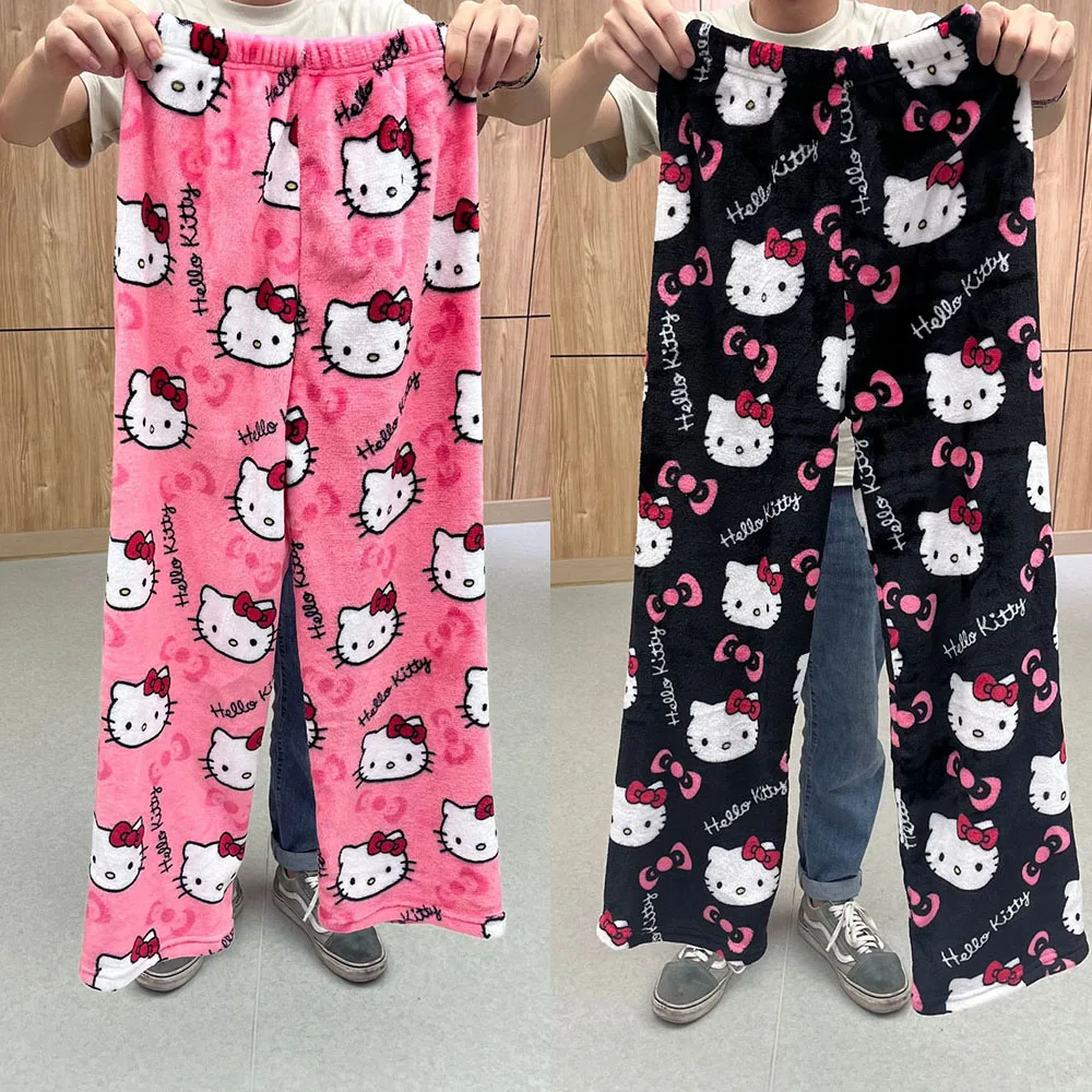 

Милые Мультяшные Аниме фигурки Hello Kitty Осень-Зима Новые коралловые бархатные утепленные и Плюшевые Теплые повседневные домашние брюки