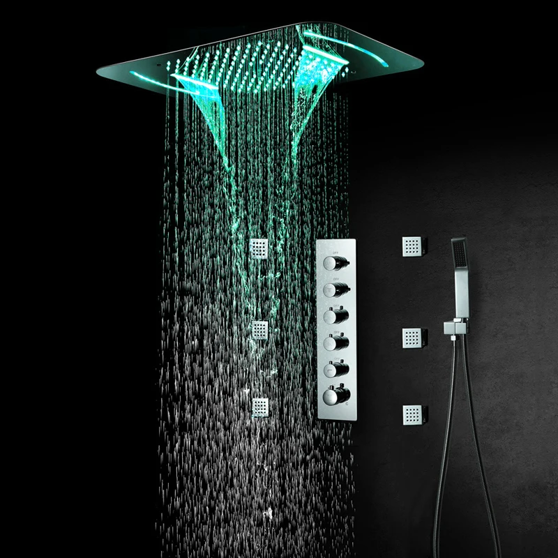 

Waterfall Shower System Brass Thermostatic Valve Mixer Large Concealed Diverter LED Rain Shower Head Set Sprayer Jets Massage