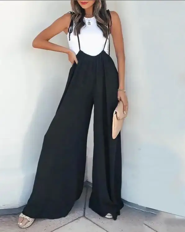 

Women Ruched Suspender Wide Leg Jumpsuit 2022 Summer New Fashion Solid Office Lady Casual Ropmer