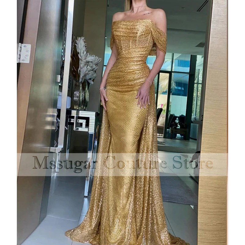 

2022 Luxury Gold Sequin Mermaid Prom Dresses Off Shoulder Evening Gowns Custom Made Formal Party Gowns