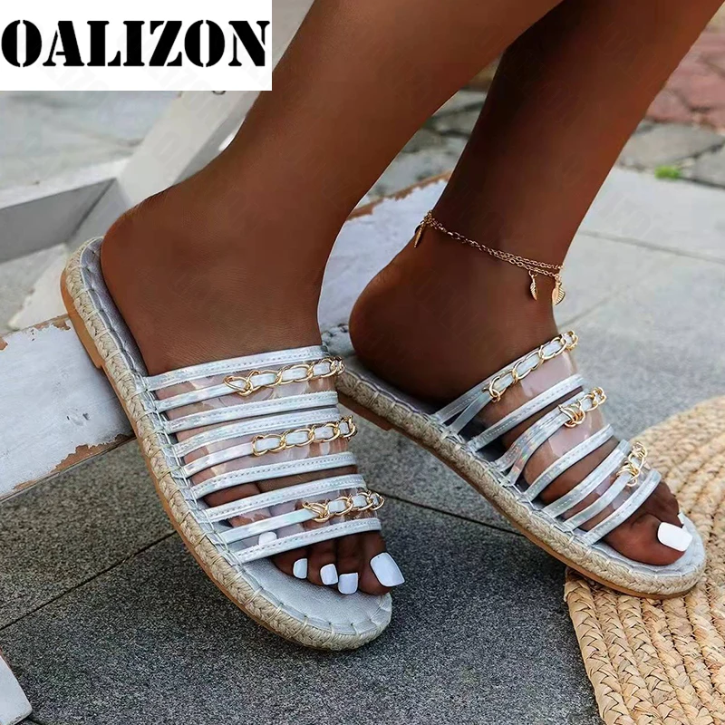 

Sandals Women New 2022 Chain Flats Slippers Summer Transparent Fashion Dress Ladies Slides Women Shoes Casual Shallow Flip Flops