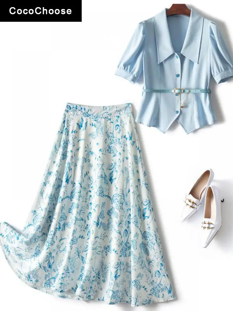 

Elegant Office Lady Summer Two Piece Set Womens Outfits 2022 Fashion Shirts Short Sleeve Top and Floral Long Skirt Suits Blue