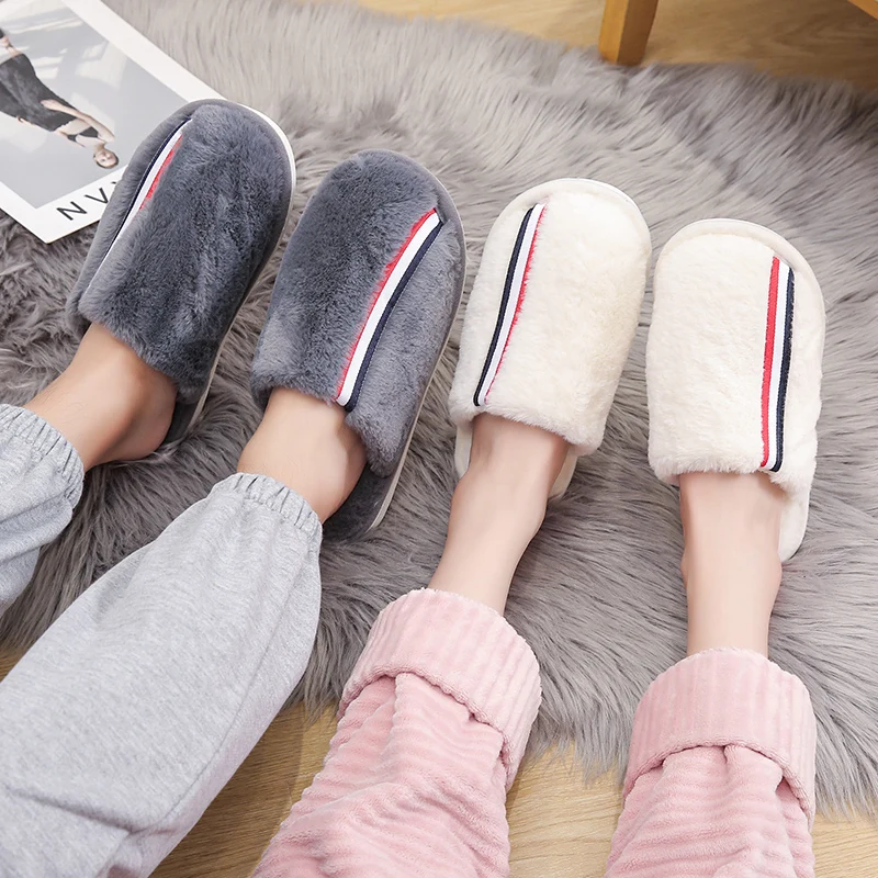 

Classic Men Slippers Winter Warm Cotton Slippers For Men Home Wear-Resistant Stripe Non-slip Indoor Slides Couple Women Shoes