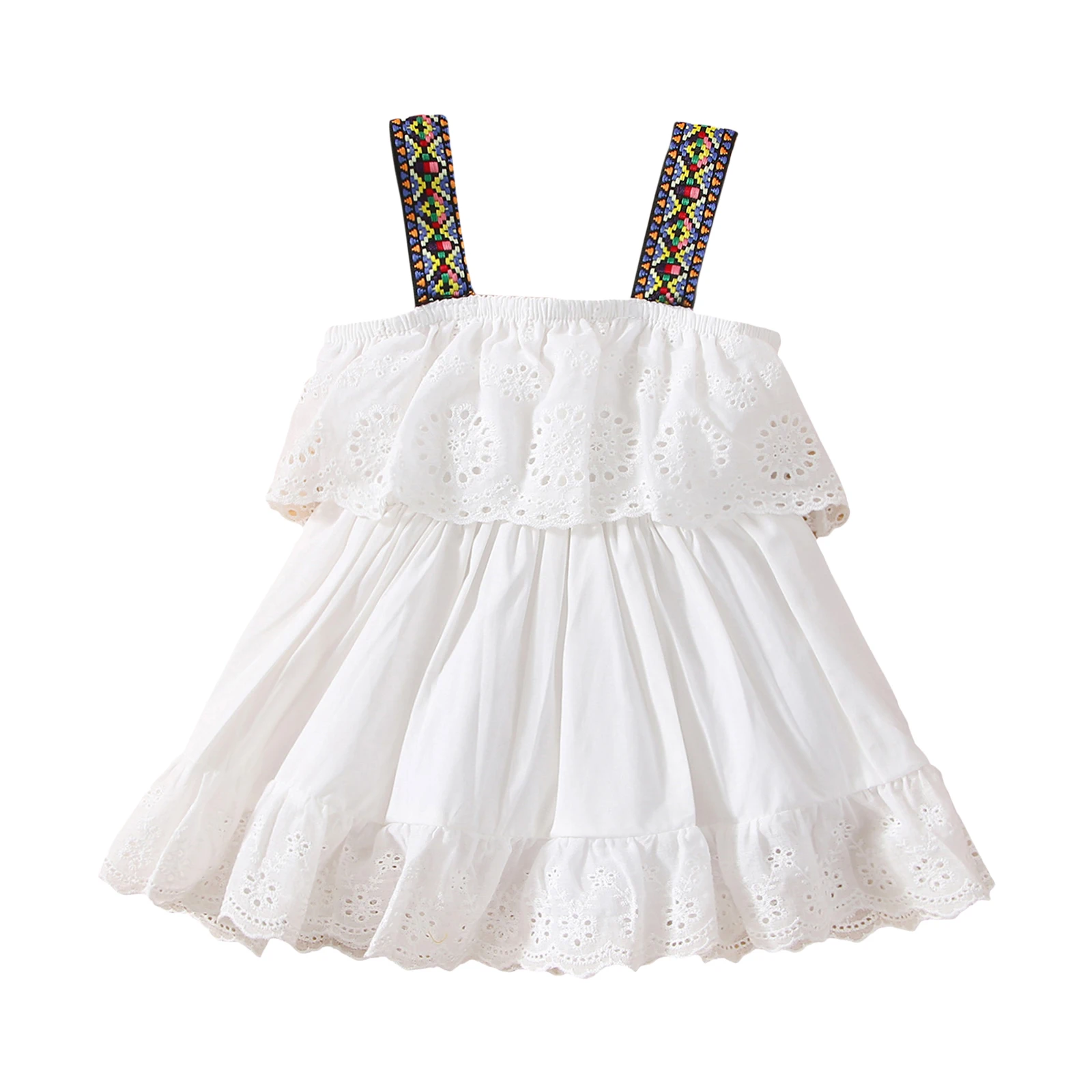 

Newborn Girls Princess A-Line Dress Retro Print Wide Shoulder Straps Ruffles Lace Patchwork Loose Dress for 0-24Months