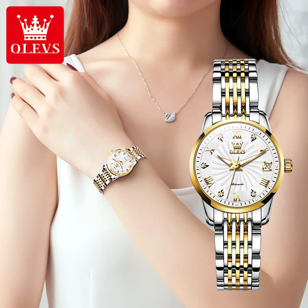 OLEVS 2023 Fashion Womens Mechanical Watch Stainless Steel Calendar Waterproof Luminous Hands Automatic Watches Reloj Mujer