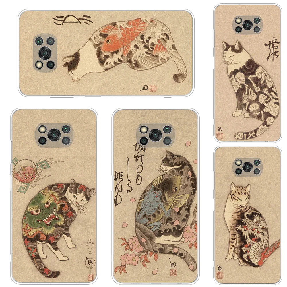 

Transparent Case For Xiaomi Poco X3 NFC Por M3 F3 F1 Note 11 10 Pro 9S 9 10S 8 7 8T K40 Phone Cover Japan Samurai Cat Tattoo Cat