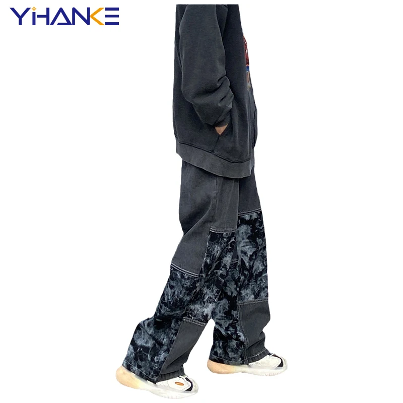 Street Men's American Style Colorblocking Hip Hop Print Straight Brand Jeans Men's New Trendy Casual Pants Jeans Men  Pants