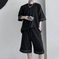 summer fashion suit mens round neck webbing stitching short sleeved t shirt casual shorts tide brand handsome two piece suit