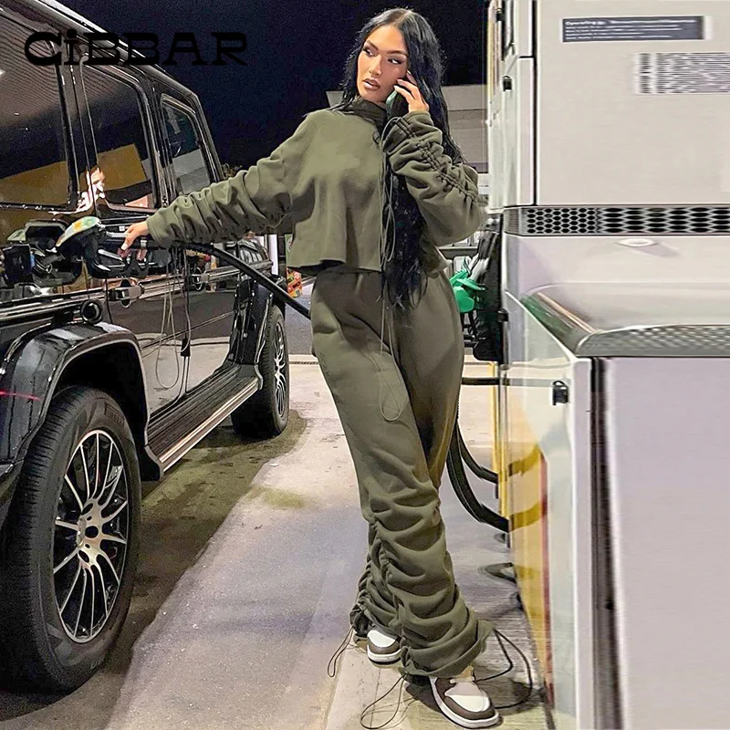 

Осенне-зимние уличные спортивные брюки CIBBAR 2022, Женские Мешковатые брюки с завышенной талией, со шнуровкой и рюшами, базовые плотные однотон...