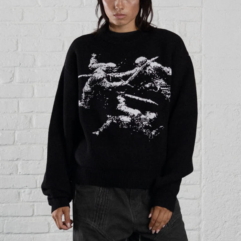 2024 мужской новый популярный свитер с винтажным узором и принтом круглый вырез