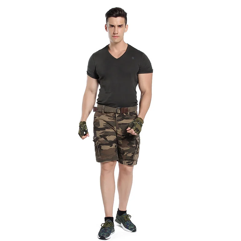 Men's Camouflage Cargo Shorts with Belt Summer Casual Cotton Shorts Military Camo Workout Knee Length Pants Loose Shorts