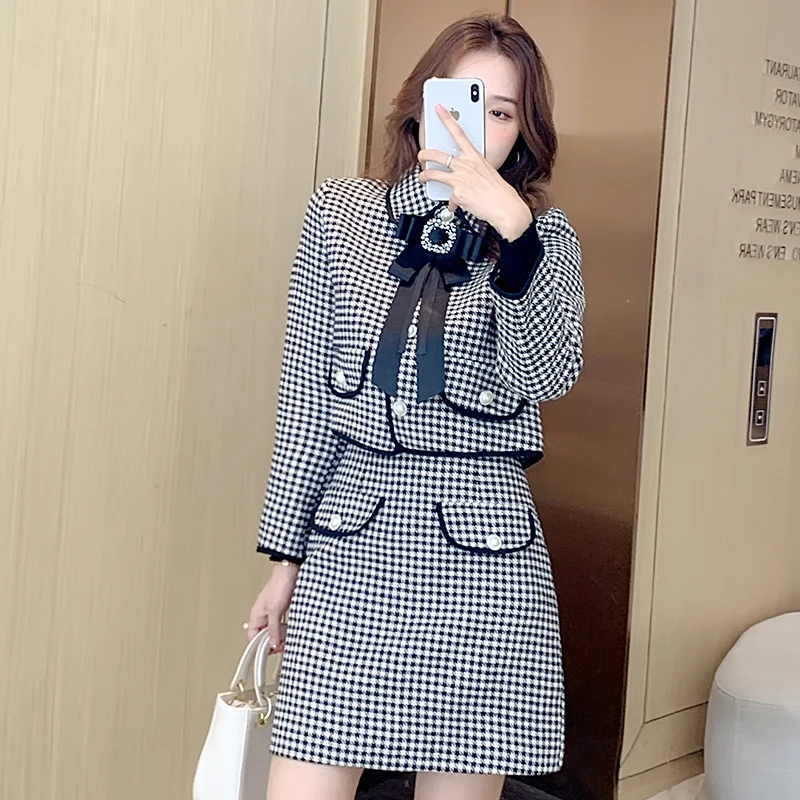 

Small Fragrance Tweed Suits 2022 Spring Fall New Women High Quality Long Sleeve Coat + Mini Skirt Two Piece Set with Bow