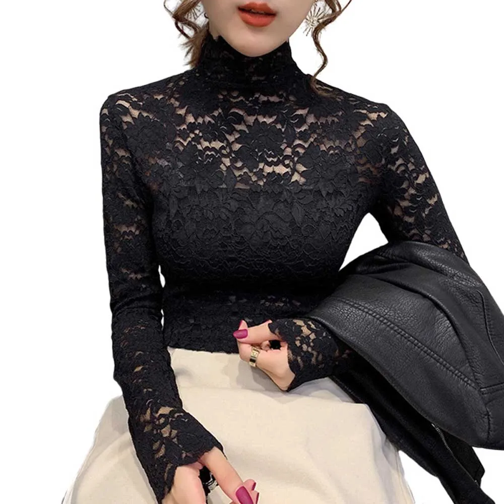 Autumn Women Thin Black Lace T shirt Sexy Turtleneck Long Sleeve Slim Lace Crochet Patchwork Tee Tops 2022