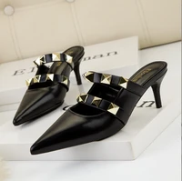 rivet strap pointed toe low heels shoes women mule slippers rocker style slip on comfy slide luxury brand 2022 spring footwear