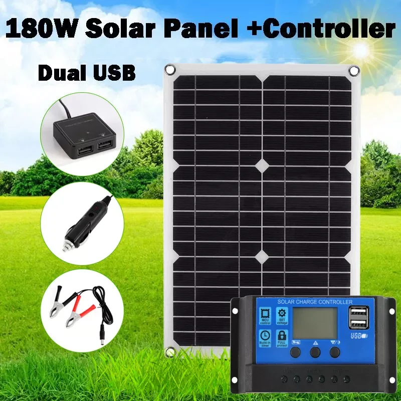 

NEW 12V 180W Protable Solar Panel Kit 2 USB Port with 10A/20A LCD Display Solar Charge Controller Off Grid Monocrystalline Modul