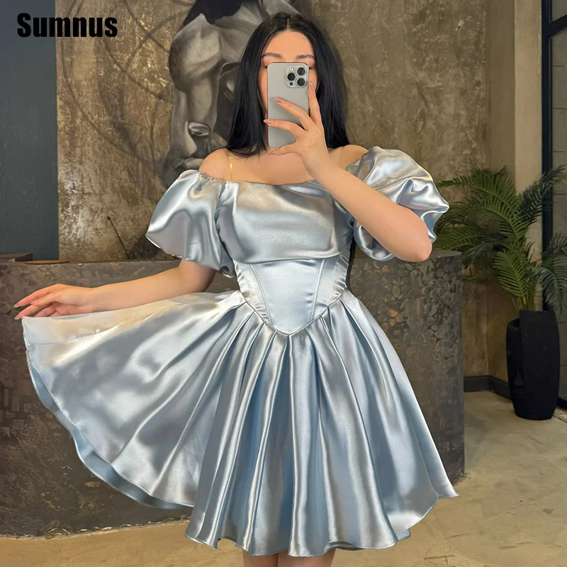 Фото Простые платья Sumnus A-Line для выпускного вечера, небесно-голубые, из струящейся органзы, драпированные, мини-платья для вечеринок, с пышными рукавами, на день рождения, 2026, на заказ №1
