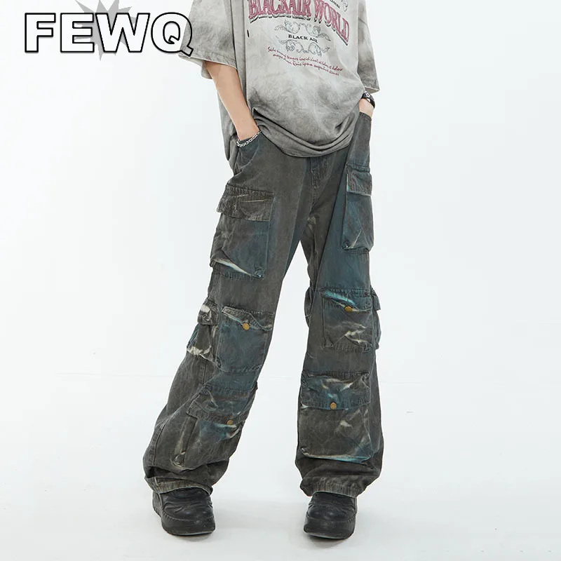 

FEWQ Tie Dyed Men's Multi Pocket Cargo Pant Waste Soil Style Male Overalls Y2k High Street Hip Hop Trousers Safari Style 24B2879