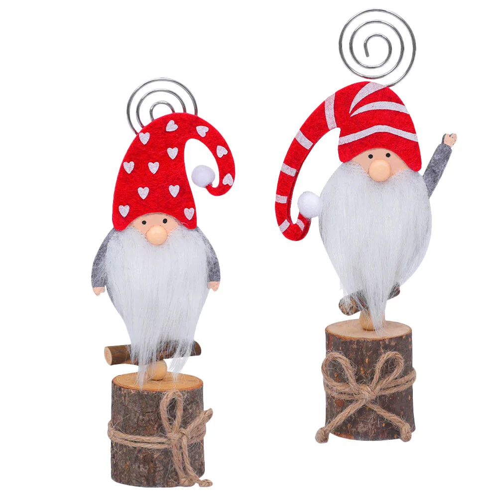

2pcs Christmas Place Holder Cartoon Gnomes Table Stand Wood Base Photo Clip Memo Note Holder for Xmas Festive Holiday Decor Red