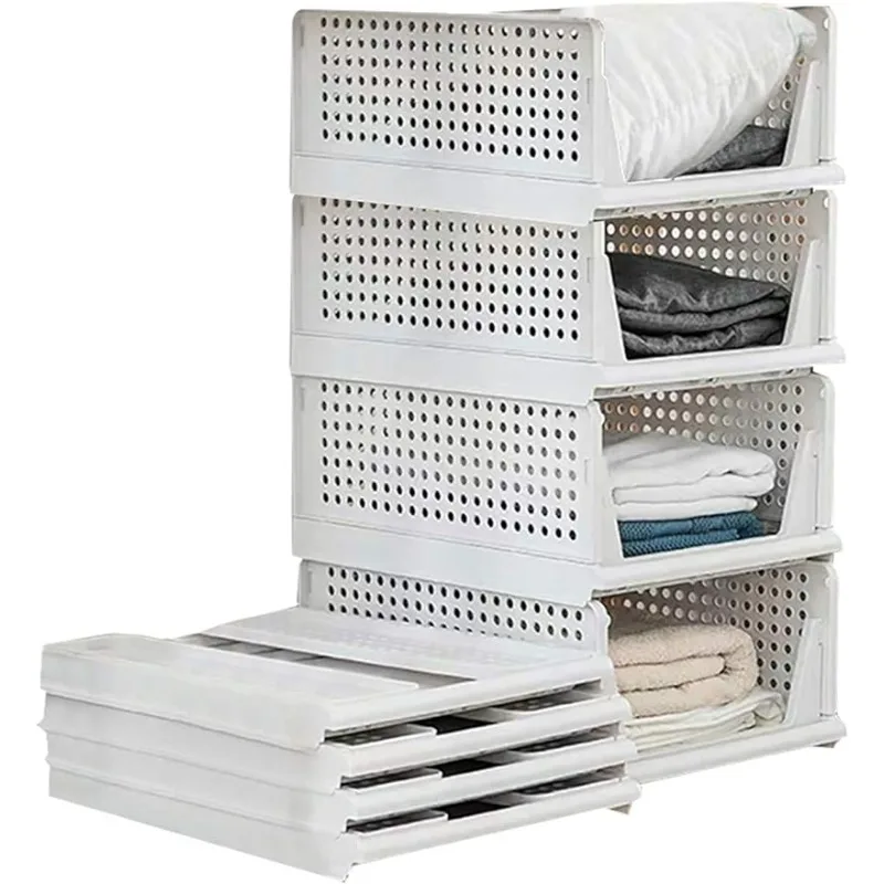 

Folding Wardrobe Storage Box 4-Pack Plastic Drawer Organizer Stackable Shelf Baskets Cloth Closet Containers Bin Cubes,Home