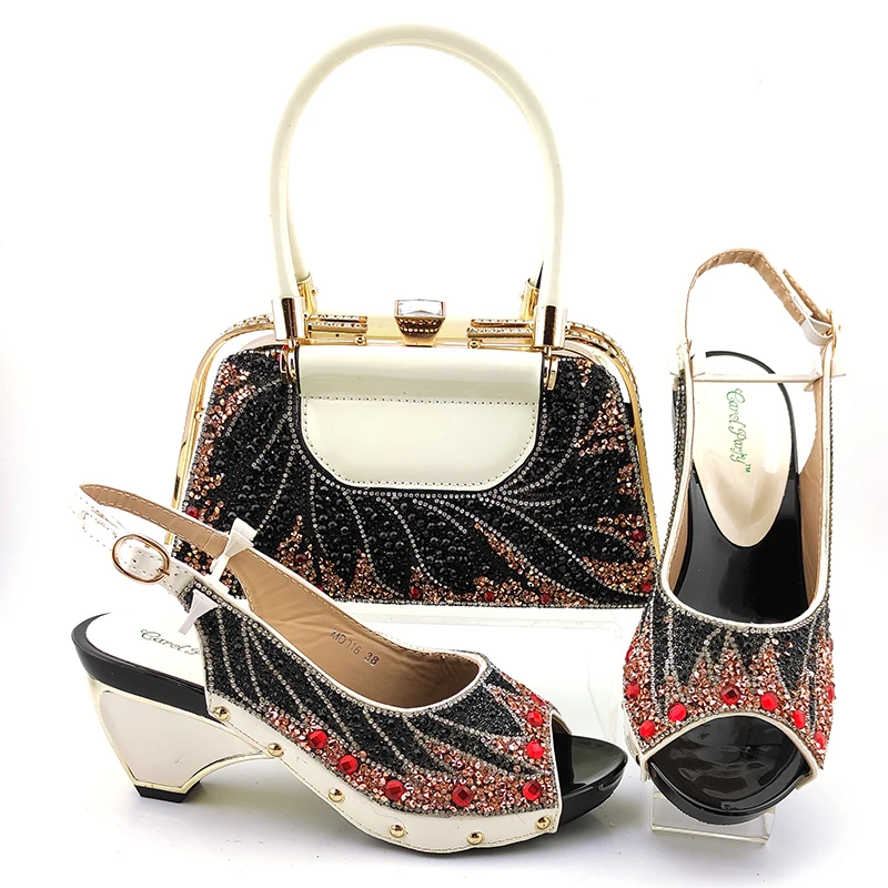 

Newest Italian Design Hot Selling Fashion Noble Style Ivory Color Rhinestone Ladies Shoes and Bag for Party Wedding