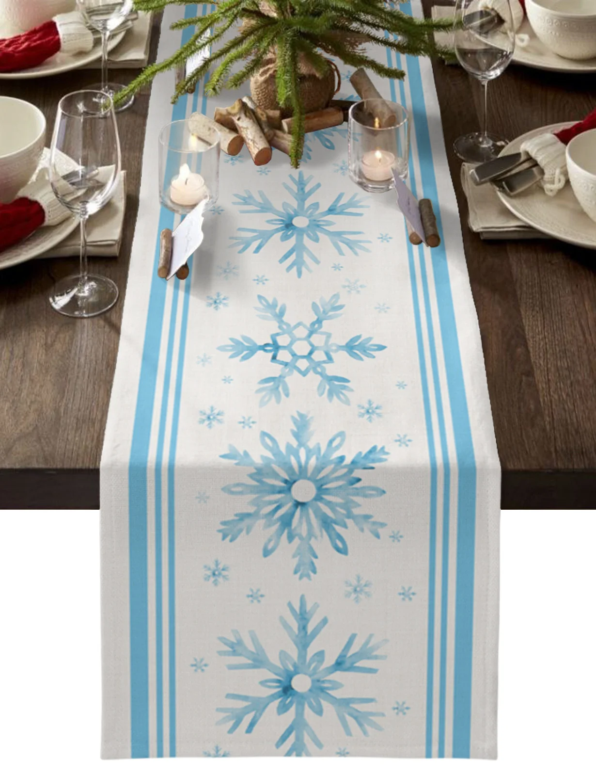 

Christmas Winter Blue Snowflake Stripes Table Runner Wedding Party Dining Table Cover Placemat Napkin Home Kitchen Decoration