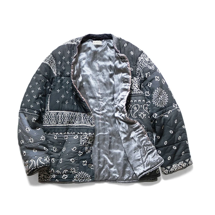 

KAPITAL Japan Style Waist Flower and Fruit Printed Men's and Women's Parkas Jacket Thickened Cotton Stand Collar Navy Blue Coat