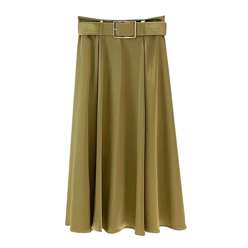 

2022 Women Skirt Belted Pockets Plain Stylish Casual Street OL Office Ladies Midi Pleated A-line Suit Skirts Elegant Faldas