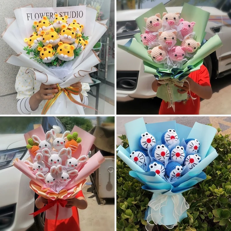 

Hand knitted knitting wool flower bouquet DIY material bag finished product Chinese Zodiac cattle tiger pig rabbit teacher's day