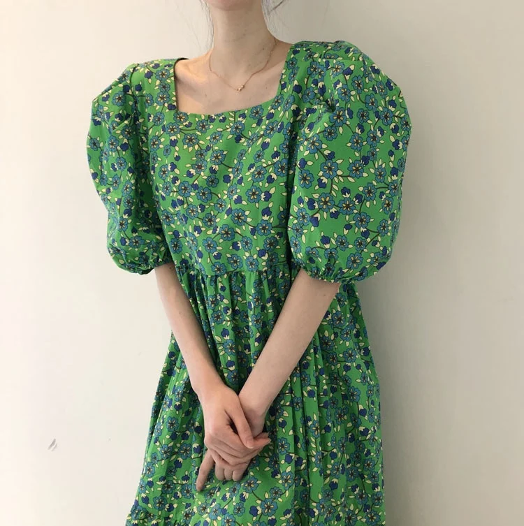 

SuperAen 2022 Summer Puff Sleeve Loose Square Collar Printing A-LINE Casual Dress for Women