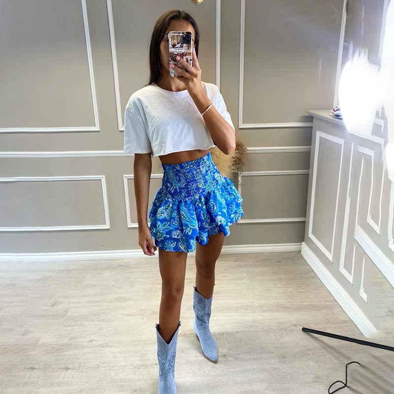 Женская мини-юбка с каскадными оборками эластичным поясом |