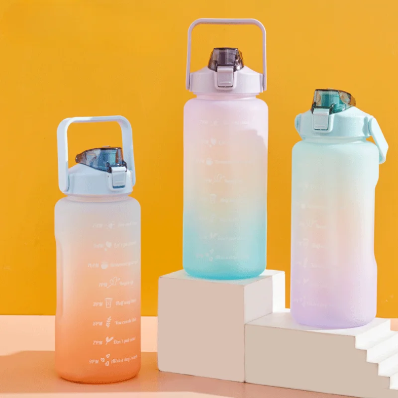 

2L Time Scale Space Gradient Water Bottle Outdoor Portable Bullet Cap Gradient Color Water Cup Large Capacity Simplified Cup