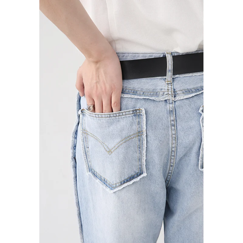 Men Clothing New Pattern Recreational Vintage Broad Leg Jeans Straight Cylinder Loose Sense of Design Burr Pants Autumn Female