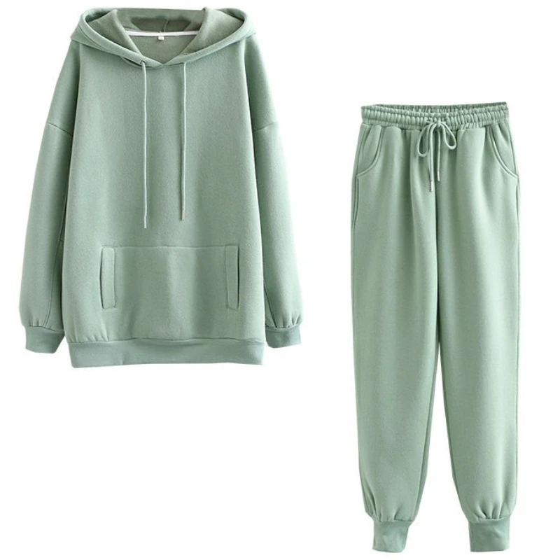 

Autumn Winter Hooded Pant Sets Solid Color Casual Oversize Sweatshirt 2 Piece Set Women Outfits Velvet Thick Loose Top Pant Suit