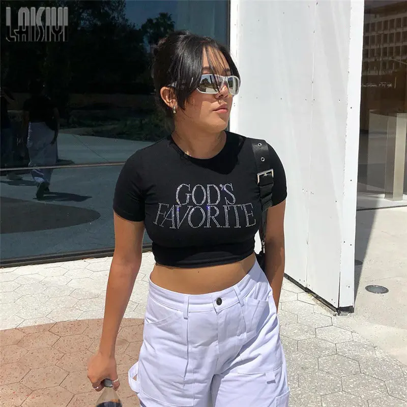 

Укороченный женский черный топ, футболки с коротким рукавом в стиле 1920-х годов, уличная одежда, черная новинка лета 2000, модные футболки с круглым вырезом, топ со стразами, одежда Yk2